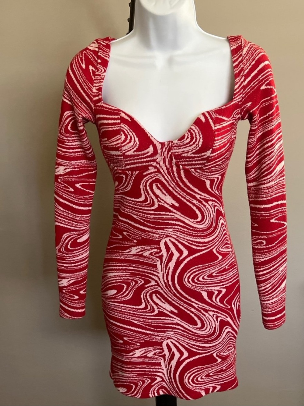 ZARA Red White Swirl Long-Sleeve Bodycon Dress, Small